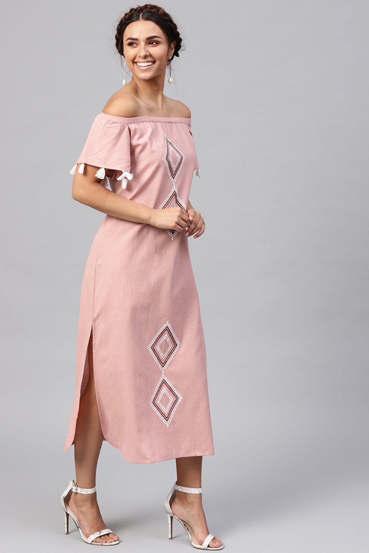 Women's Onion Pink Printed Off Shoulder Long Dress - SASSAFRAS