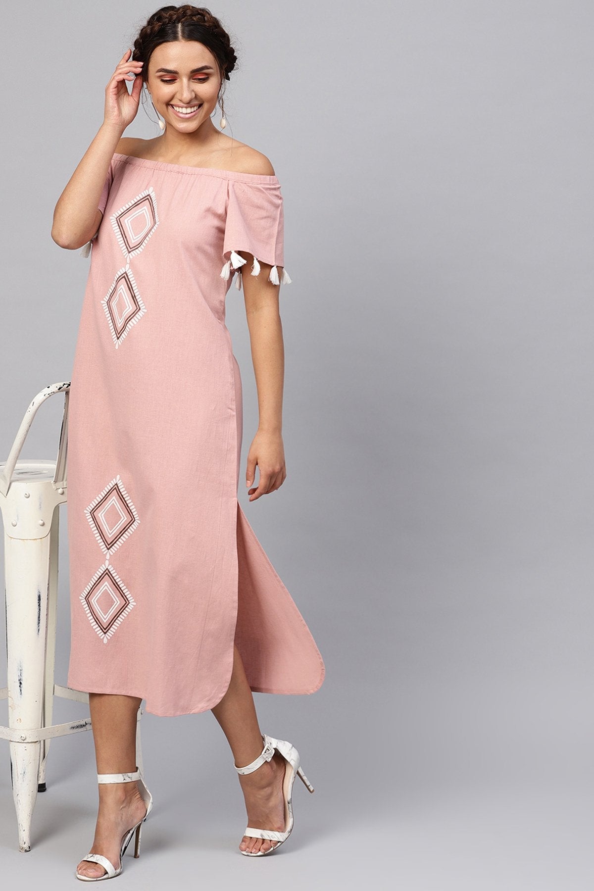 Women's Onion Pink Printed Off Shoulder Long Dress - SASSAFRAS