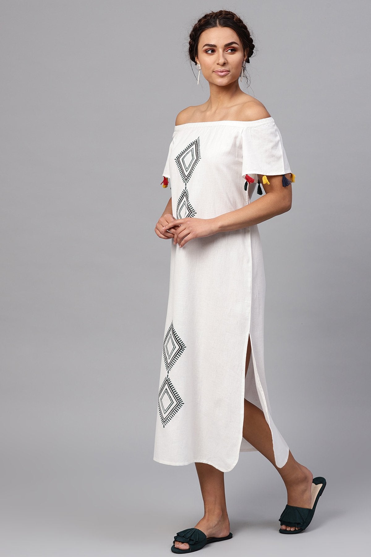 Women's White Printed Off Shoulder Long Dress - SASSAFRAS