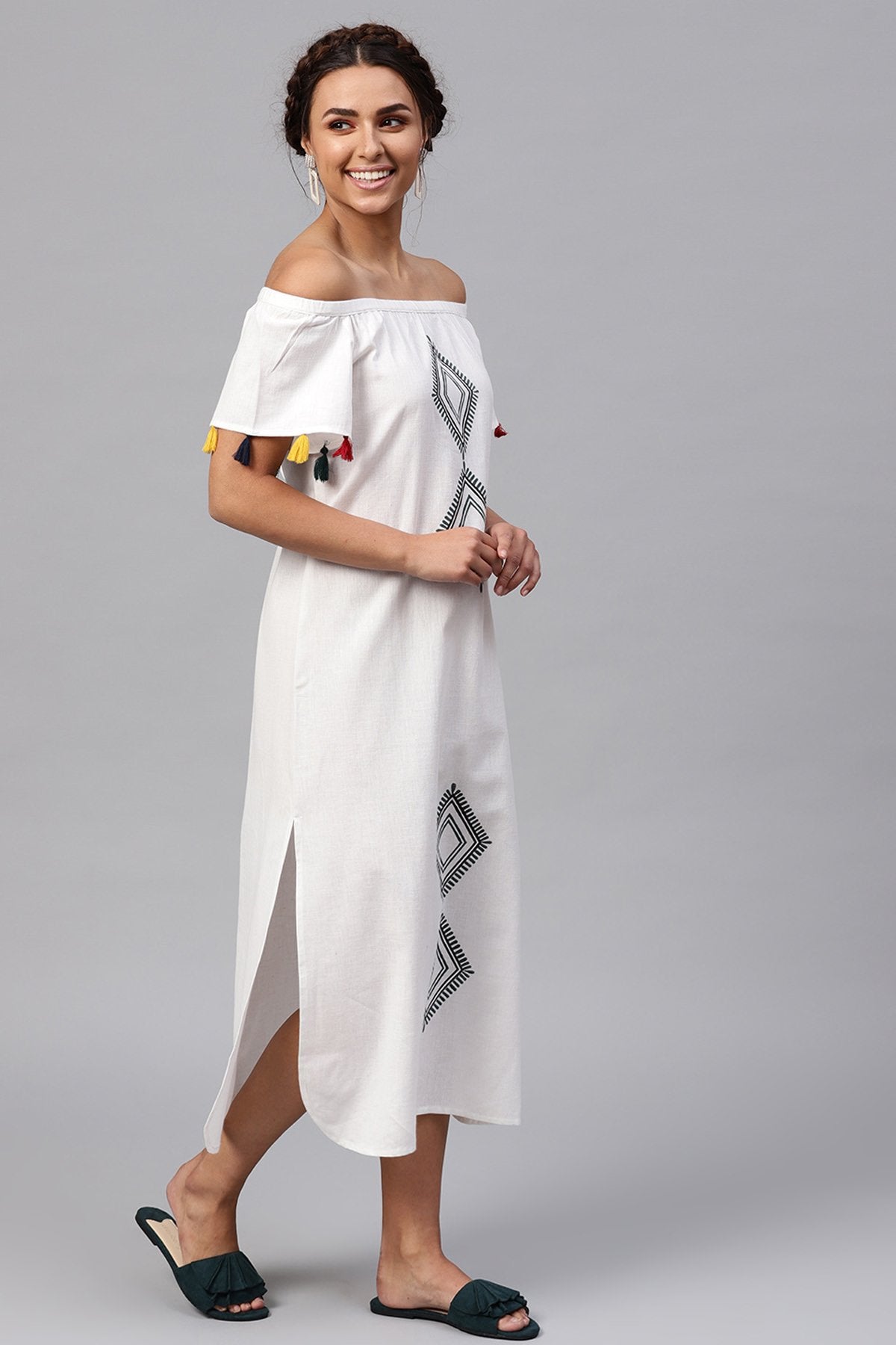 Women's White Printed Off Shoulder Long Dress - SASSAFRAS