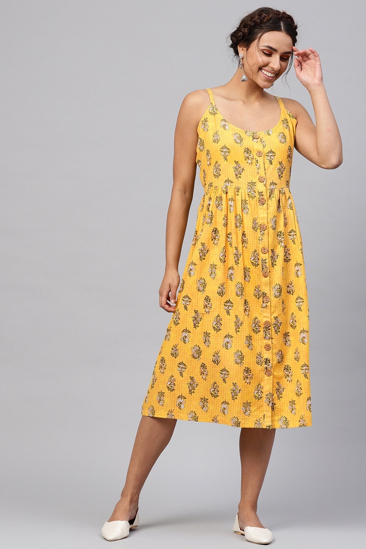 Women's Yellow Mughal Floral Strappy Placket Dress - SASSAFRAS