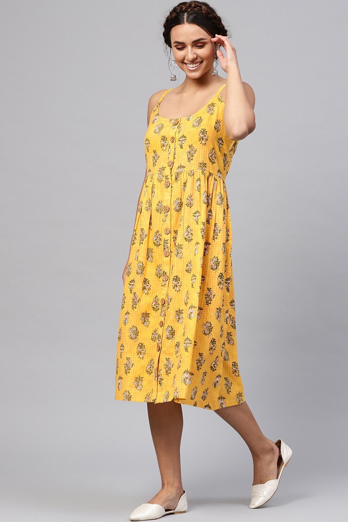 Women's Yellow Mughal Floral Strappy Placket Dress - SASSAFRAS