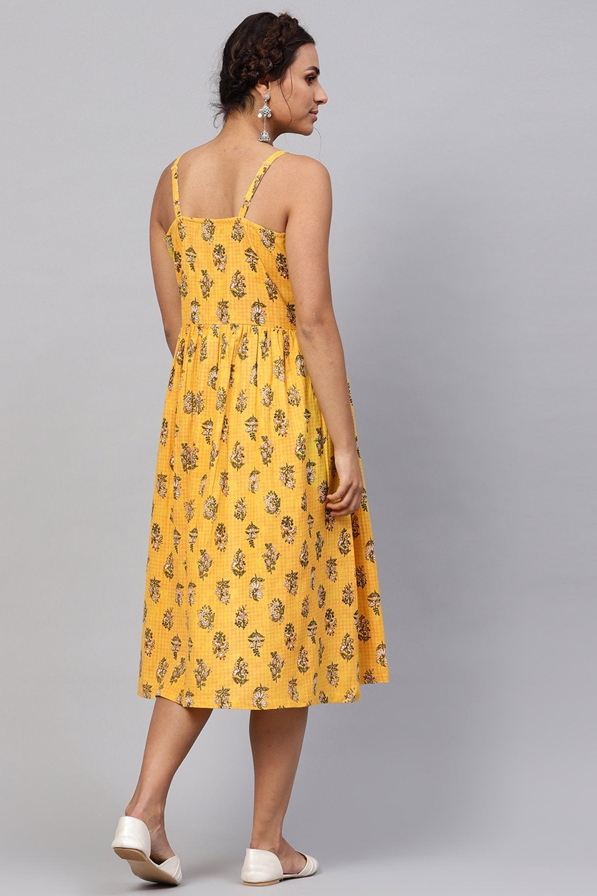 Women's Yellow Mughal Floral Strappy Placket Dress - SASSAFRAS