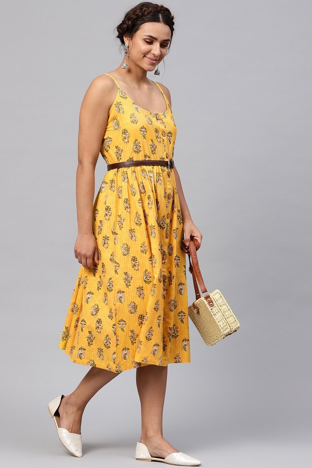 Women's Yellow Mughal Floral Strappy Placket Dress - SASSAFRAS