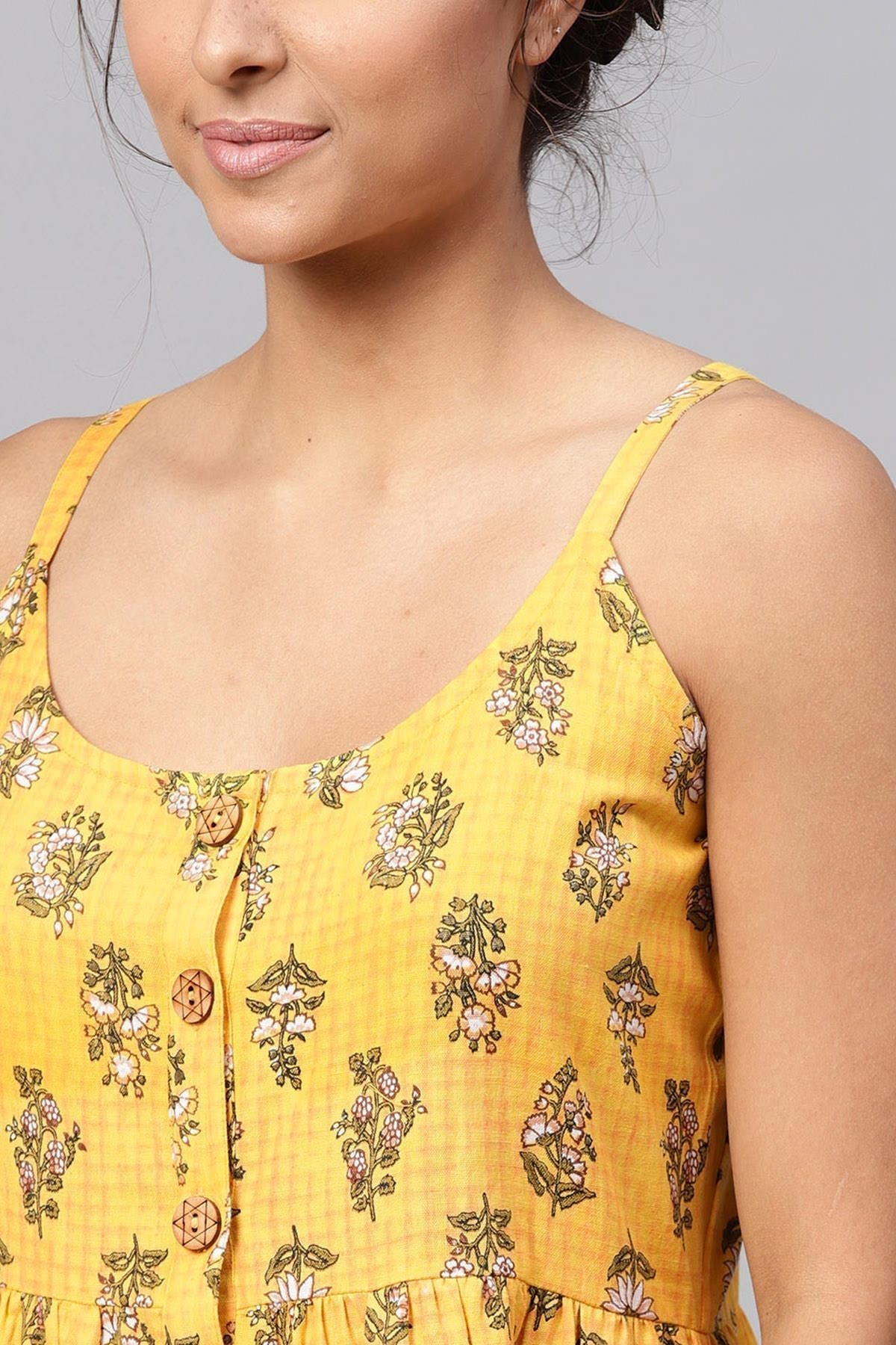 Women's Yellow Mughal Floral Strappy Placket Dress - SASSAFRAS