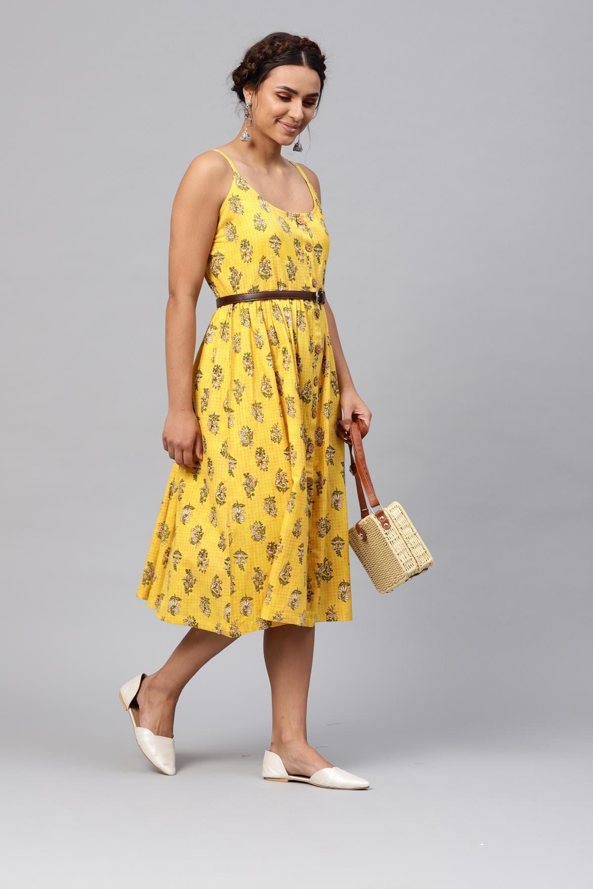 Women's Yellow Mughal Floral Strappy Placket Dress - SASSAFRAS