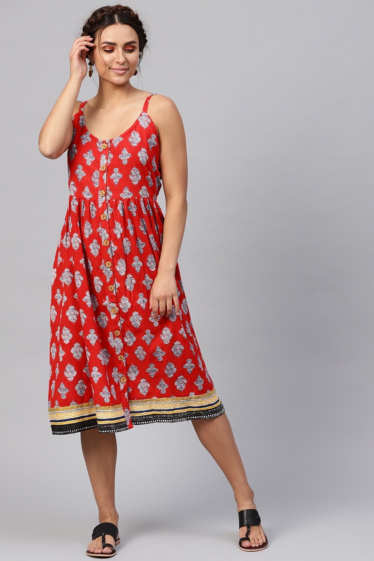 Women's Red Floral Strappy Placket Dress - SASSAFRAS