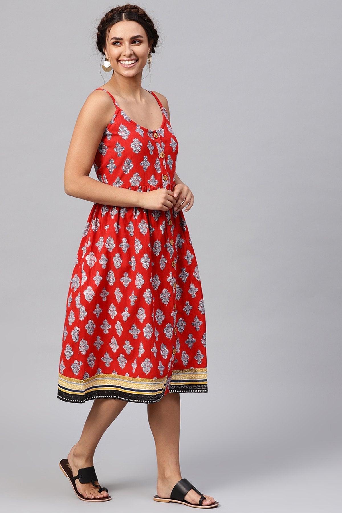 Women's Red Floral Strappy Placket Dress - SASSAFRAS