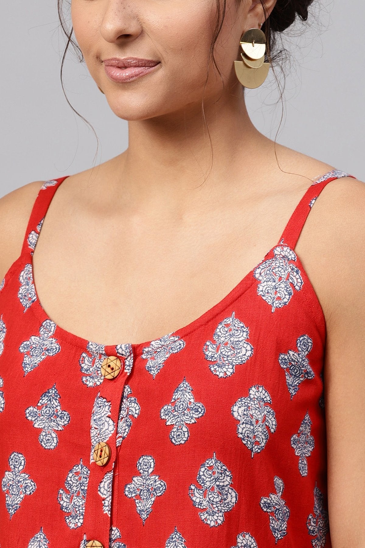 Women's Red Floral Strappy Placket Dress - SASSAFRAS