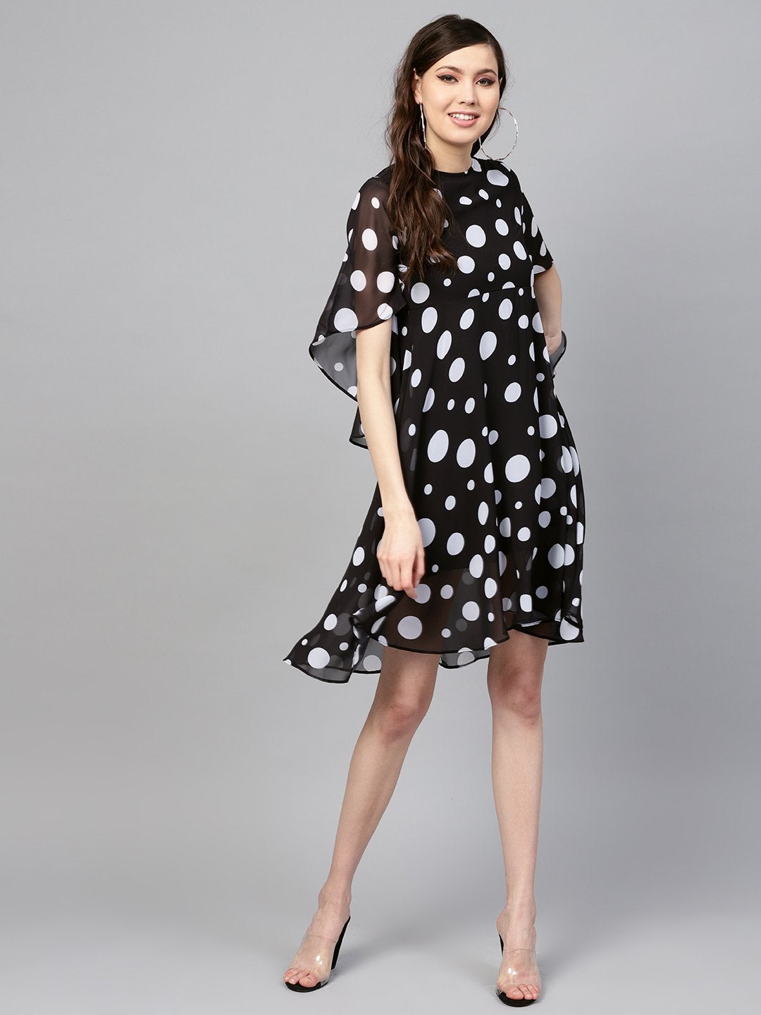 Women's Black Polka Flared Sleeve Dress - SASSAFRAS