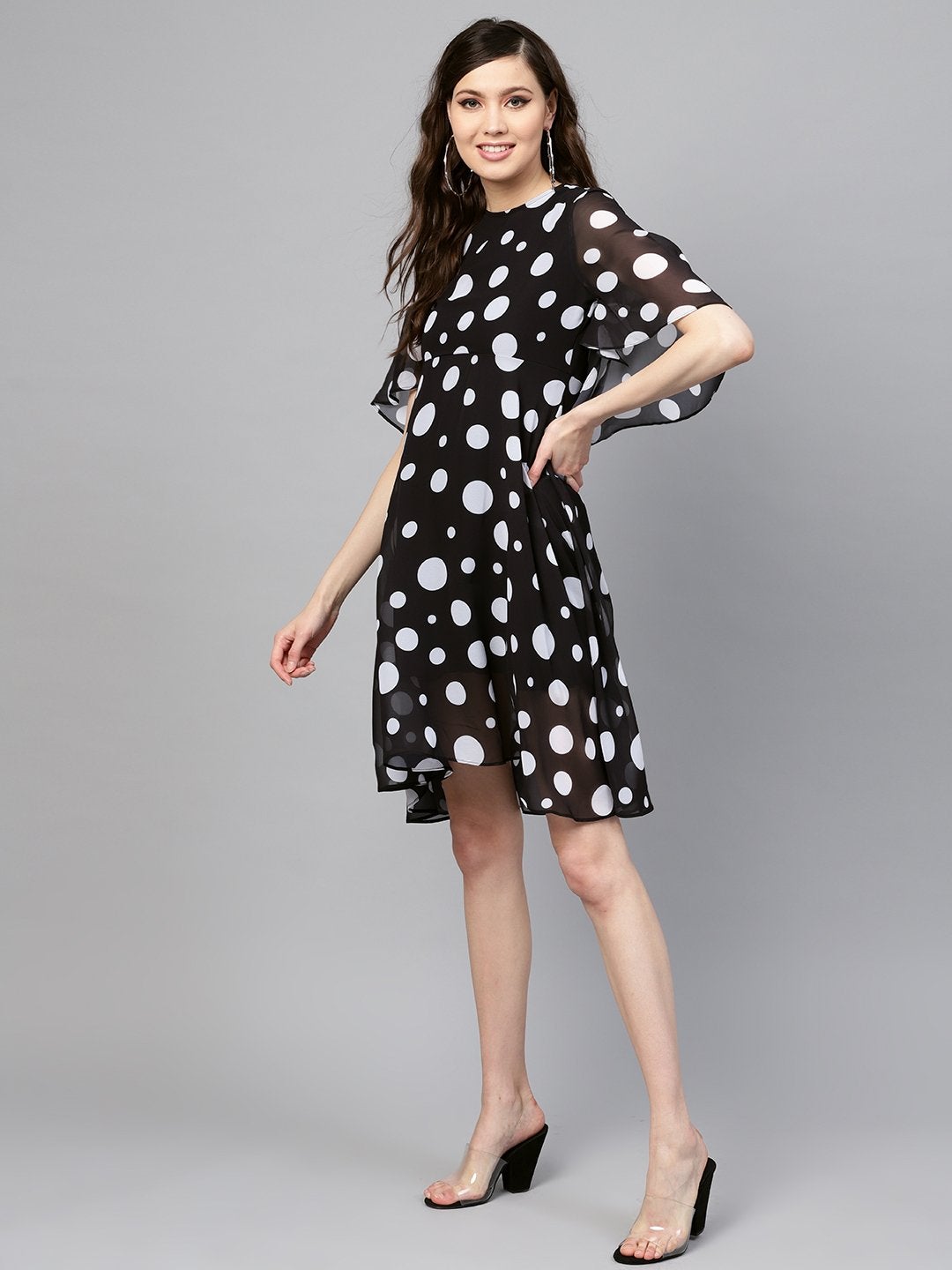 Women's Black Polka Flared Sleeve Dress - SASSAFRAS