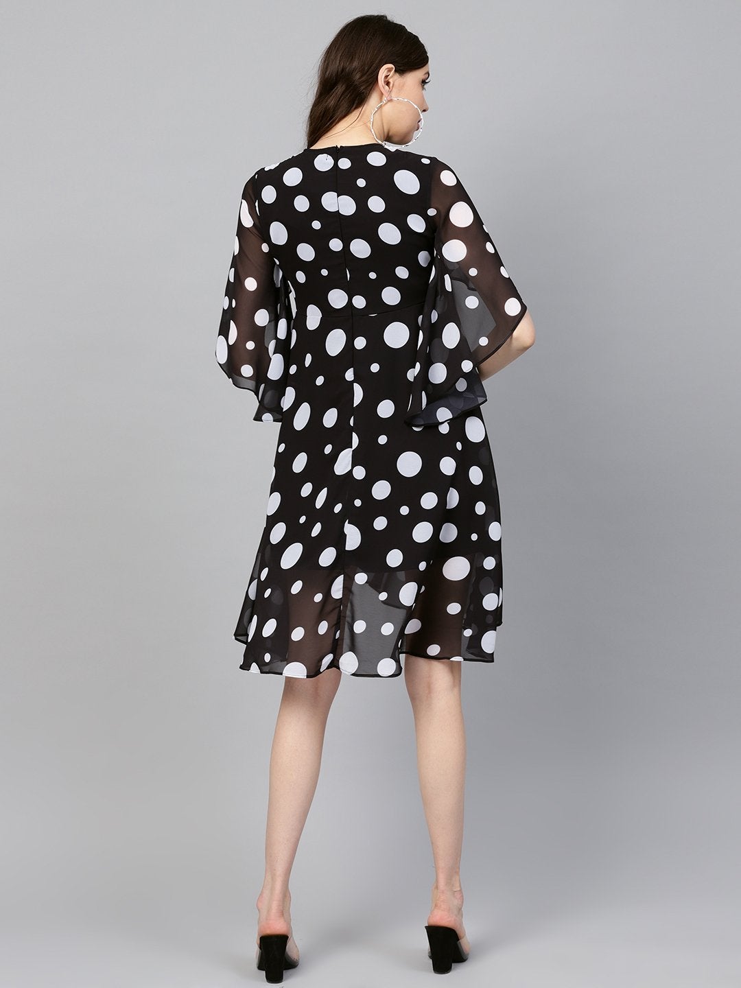 Women's Black Polka Flared Sleeve Dress - SASSAFRAS