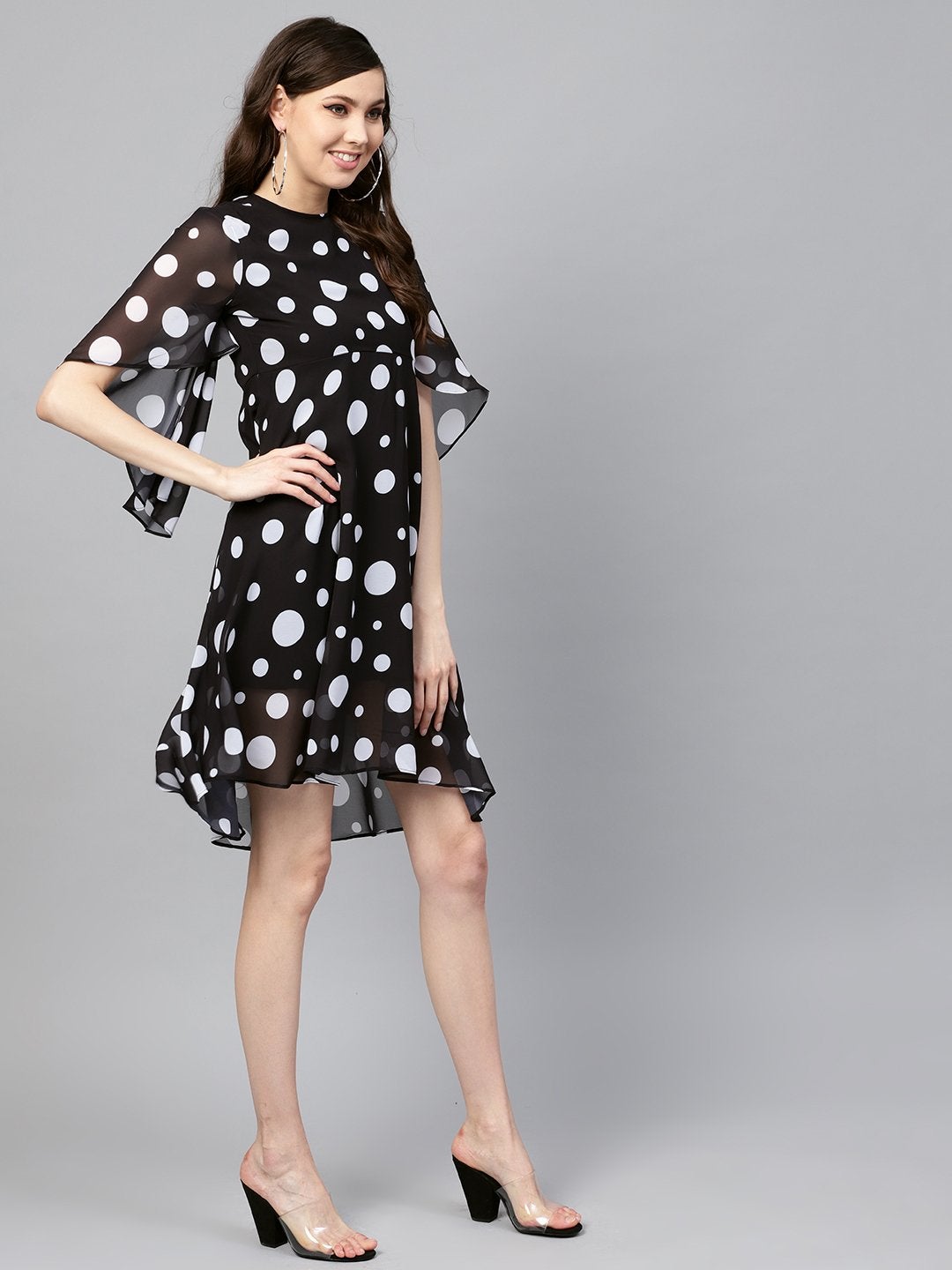 Women's Black Polka Flared Sleeve Dress - SASSAFRAS