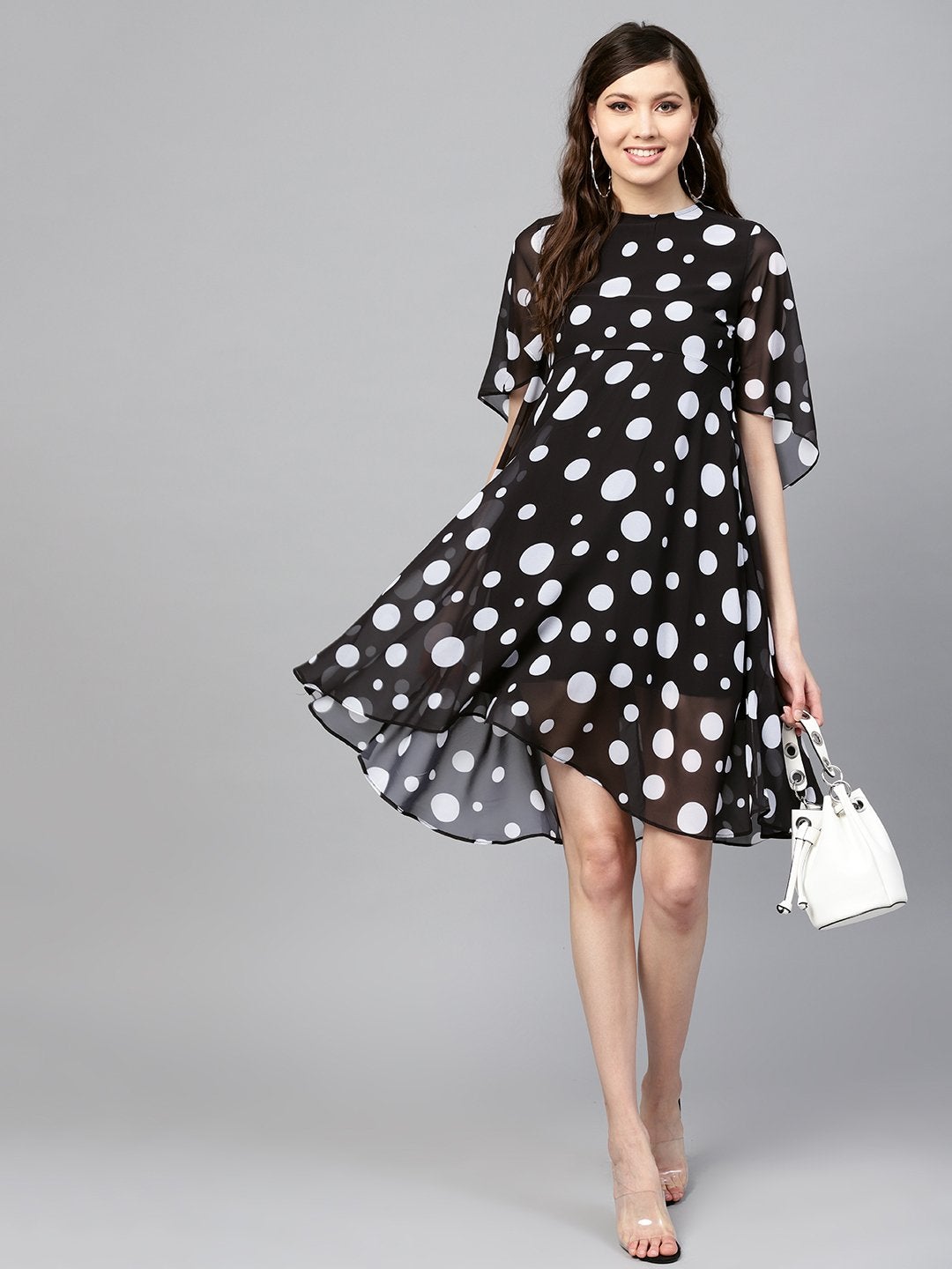 Women's Black Polka Flared Sleeve Dress - SASSAFRAS