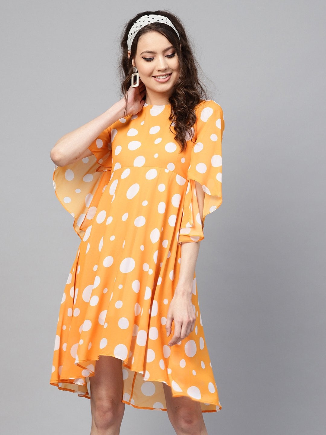 Women's Yellow Polka Flared Sleeve Dress - SASSAFRAS