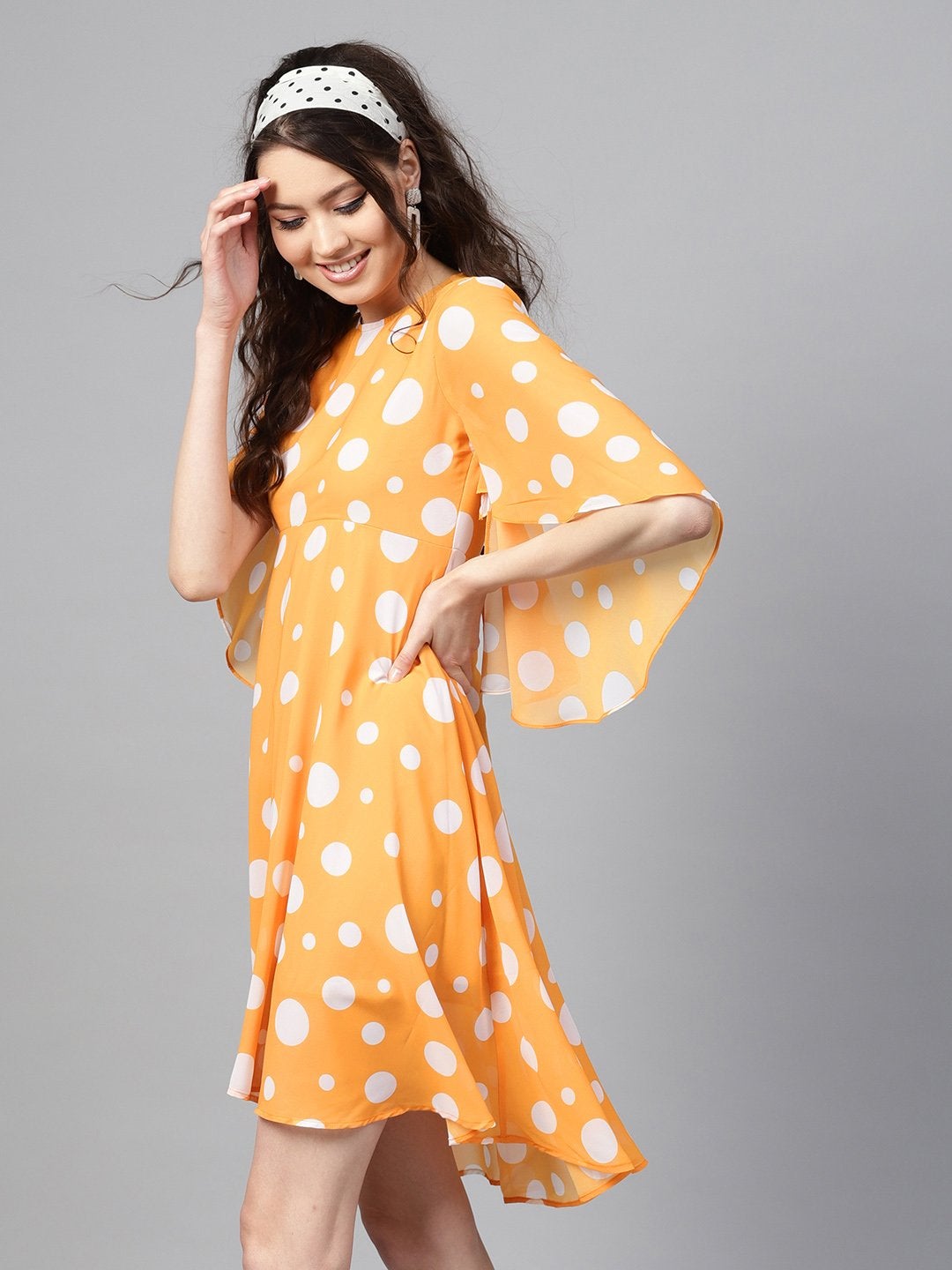 Women's Yellow Polka Flared Sleeve Dress - SASSAFRAS