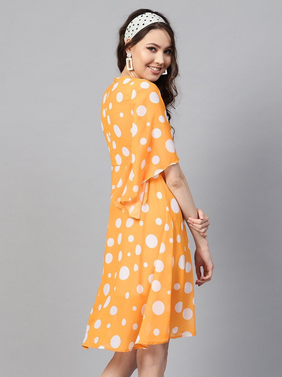 Women's Yellow Polka Flared Sleeve Dress - SASSAFRAS