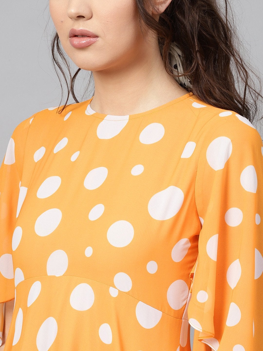 Women's Yellow Polka Flared Sleeve Dress - SASSAFRAS