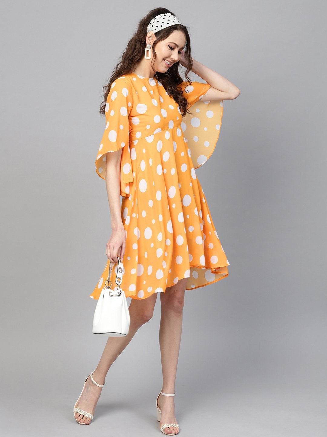 Women's Yellow Polka Flared Sleeve Dress - SASSAFRAS