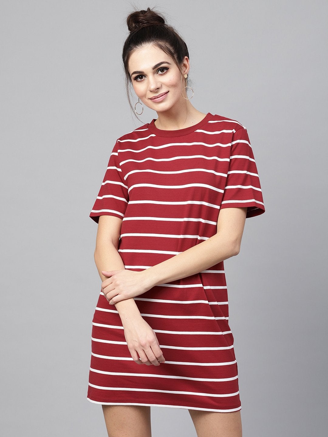 Women's Maroon White Stripe Shift Dress - SASSAFRAS