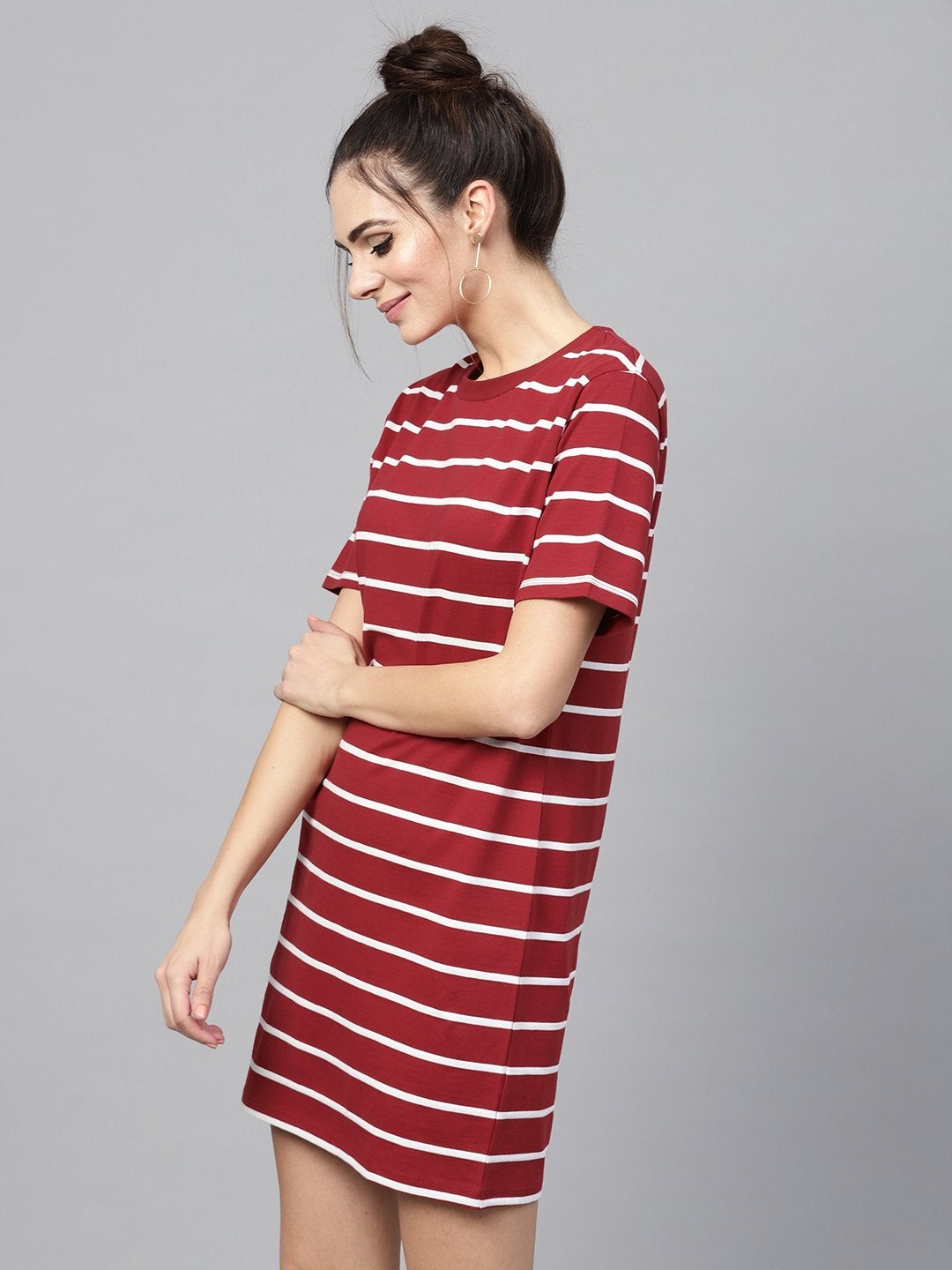 Women's Maroon White Stripe Shift Dress - SASSAFRAS