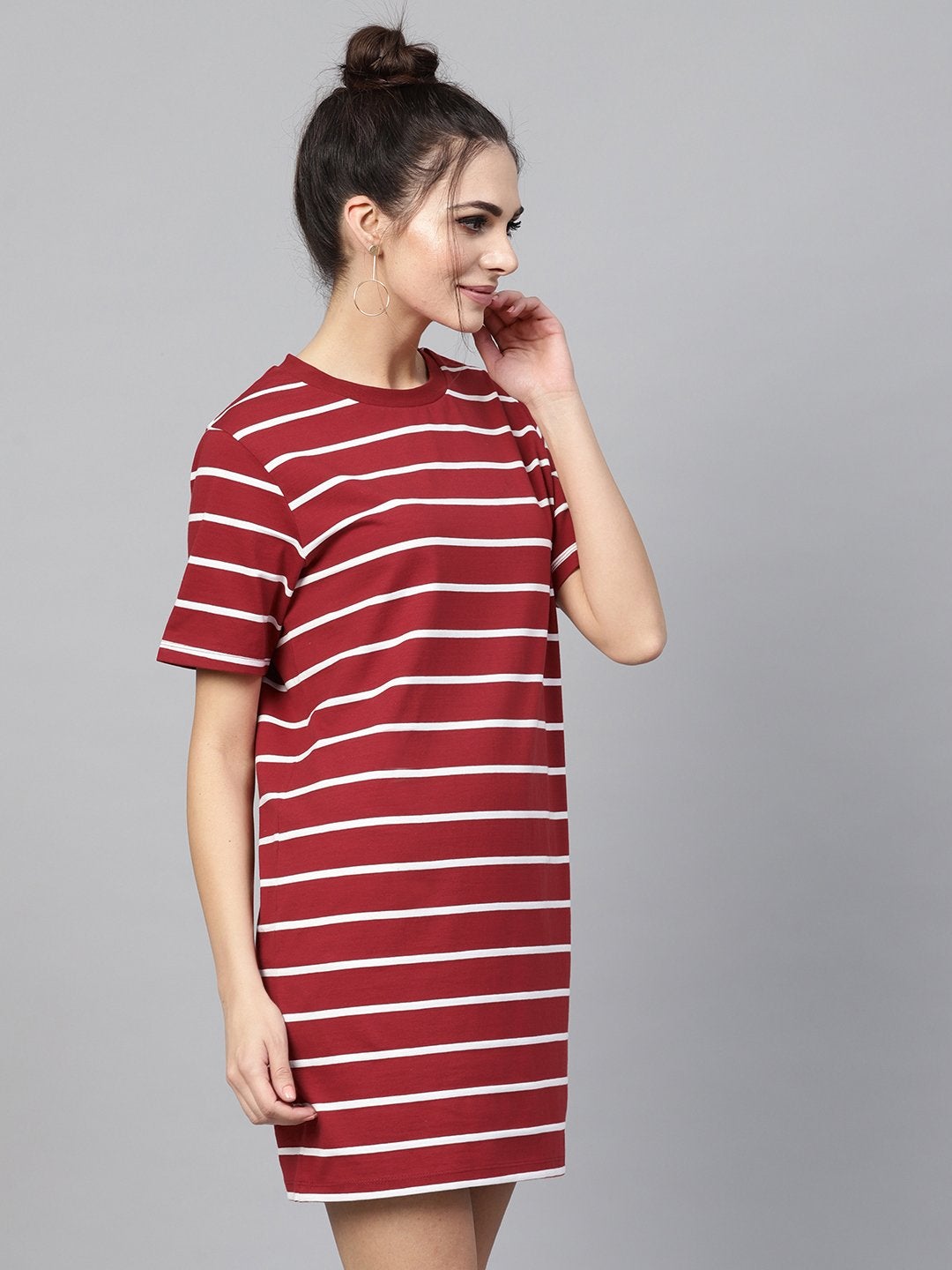 Women's Maroon White Stripe Shift Dress - SASSAFRAS