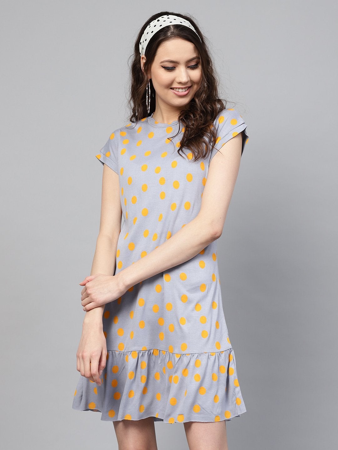 Women's Grey Yellow Polka Frill Hem Dress - SASSAFRAS