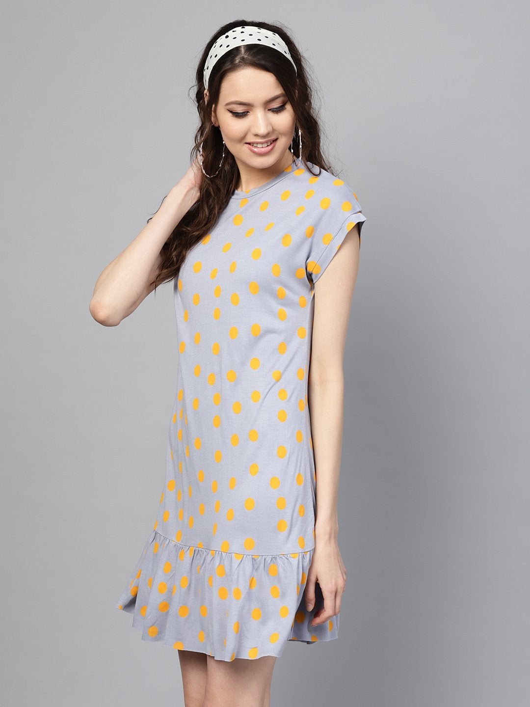 Women's Grey Yellow Polka Frill Hem Dress - SASSAFRAS