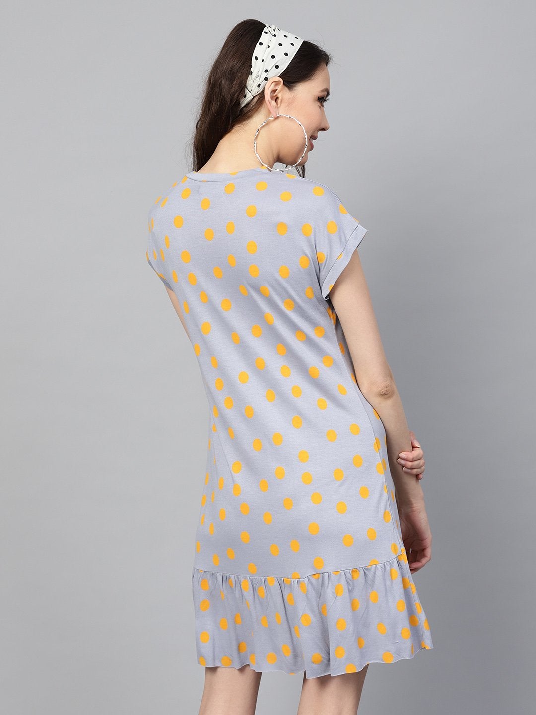 Women's Grey Yellow Polka Frill Hem Dress - SASSAFRAS