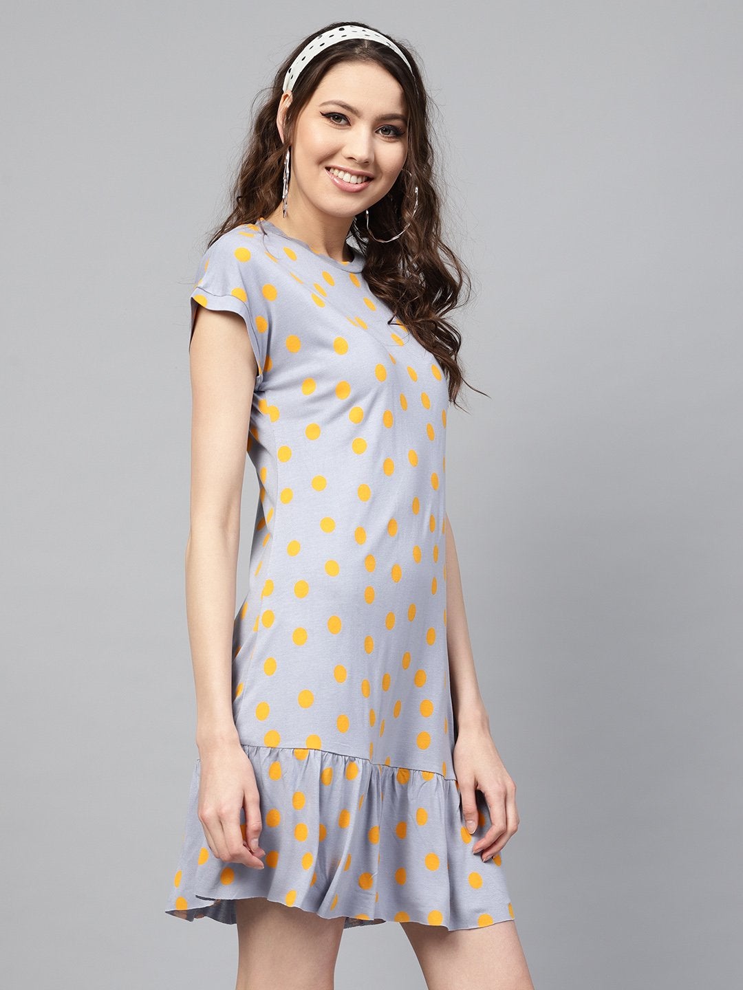 Women's Grey Yellow Polka Frill Hem Dress - SASSAFRAS