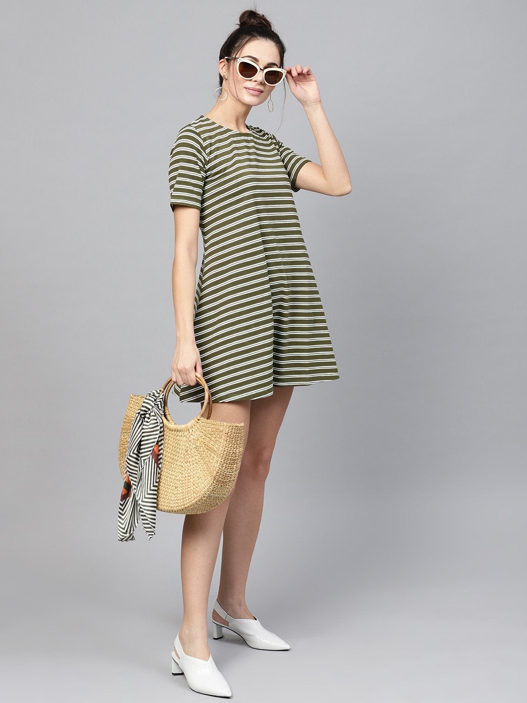 Women's Olive White Stripe Tent Dress - SASSAFRAS