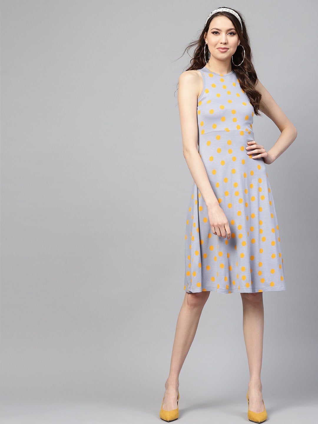 Women's Grey Yellow Polka Skater Dress - SASSAFRAS