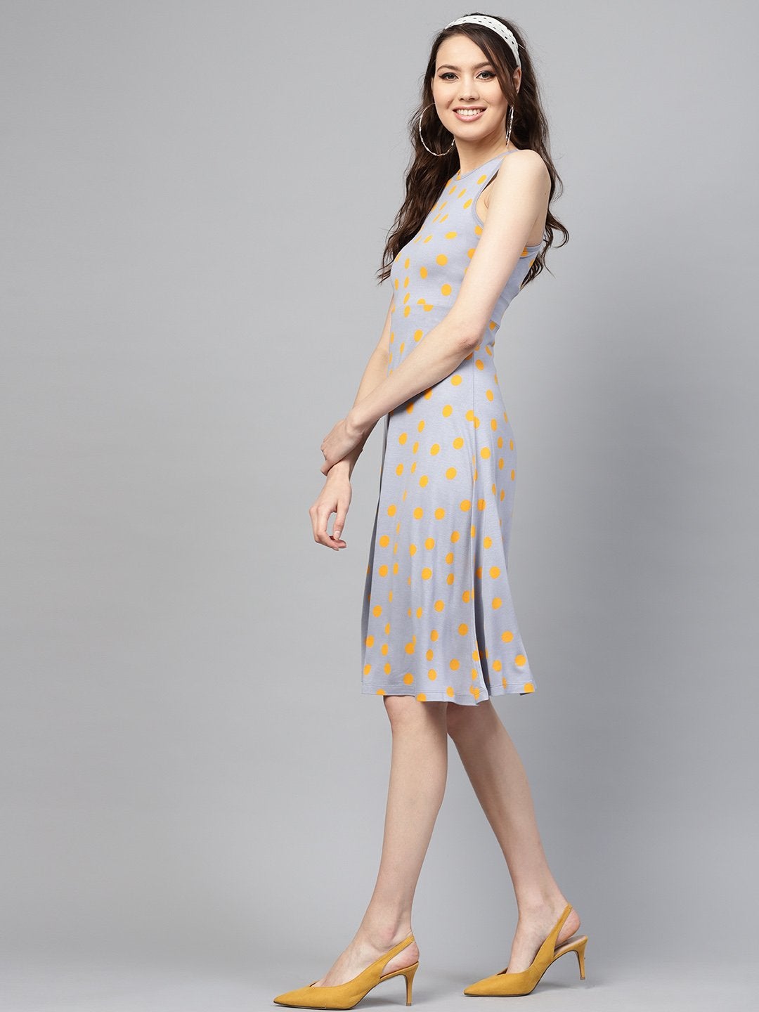 Women's Grey Yellow Polka Skater Dress - SASSAFRAS