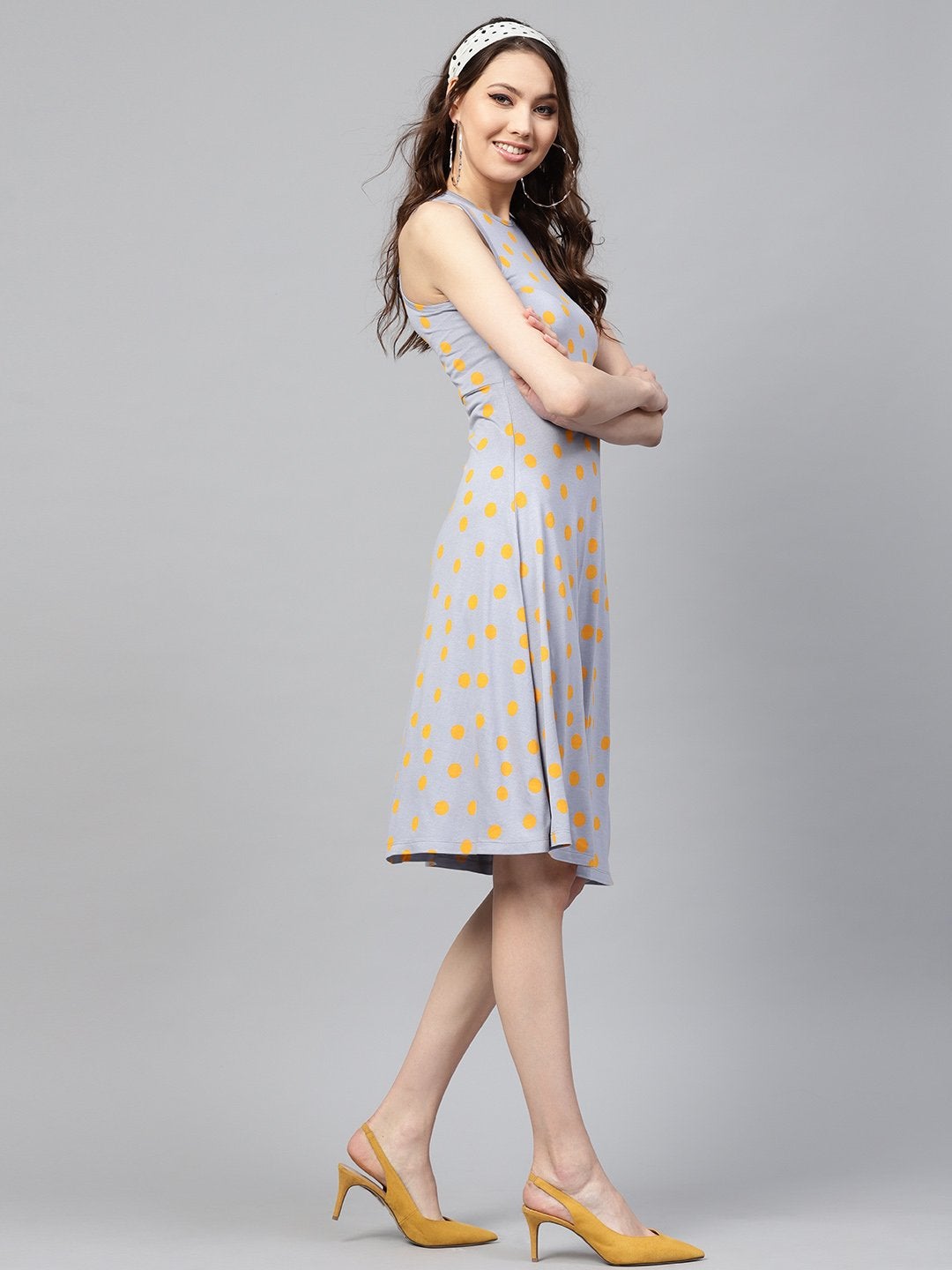 Women's Grey Yellow Polka Skater Dress - SASSAFRAS