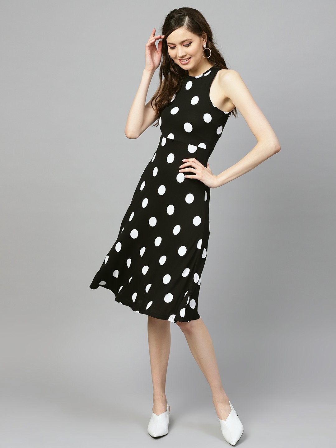 Women's Black & White Polka Skater Dress - SASSAFRAS