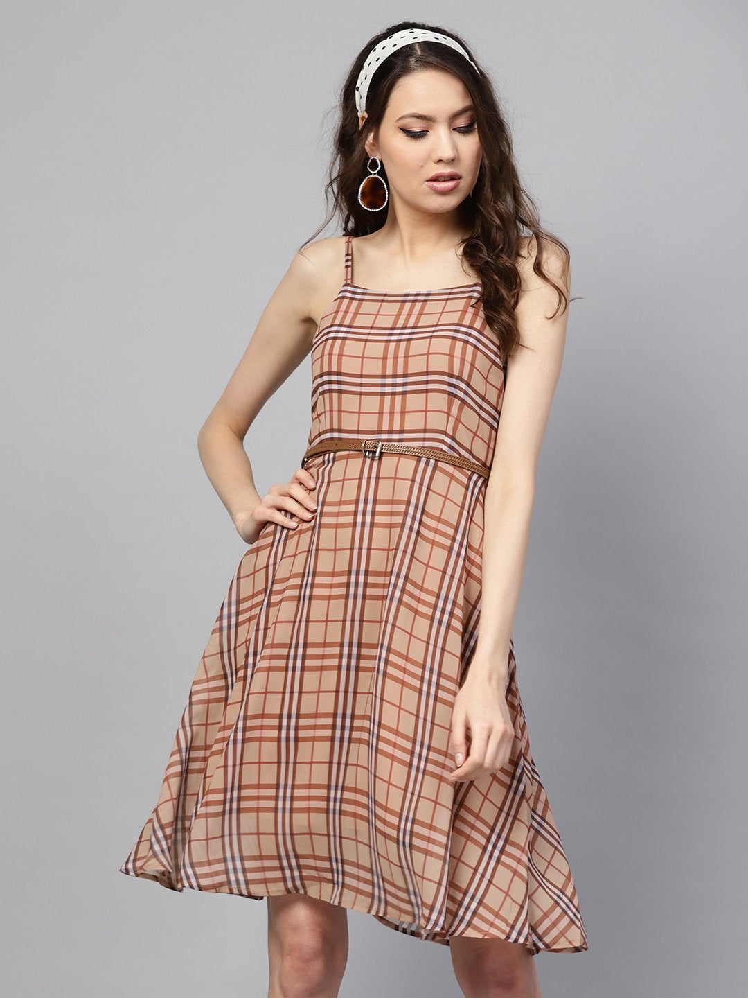 Women's Brown Check Strappy Flared Dress - SASSAFRAS