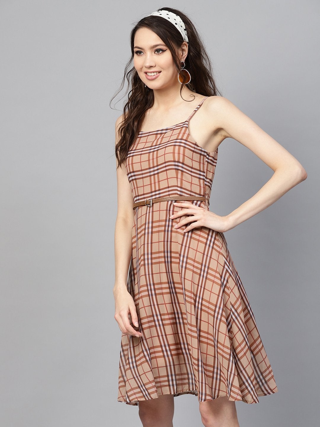 Women's Brown Check Strappy Flared Dress - SASSAFRAS