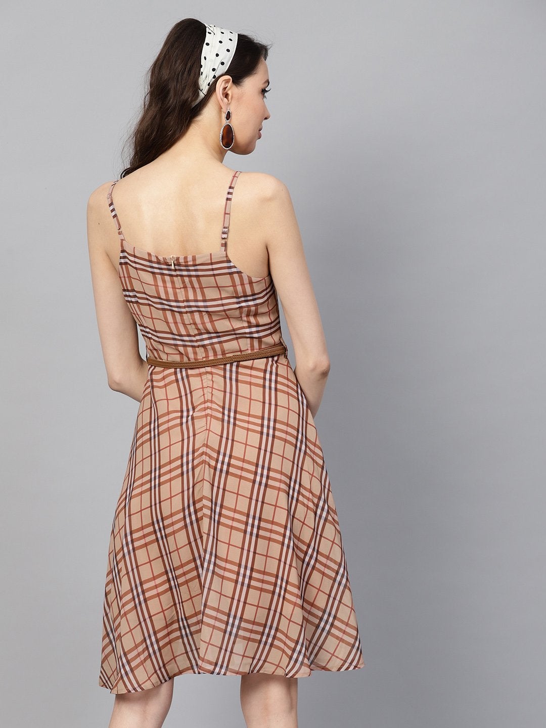 Women's Brown Check Strappy Flared Dress - SASSAFRAS