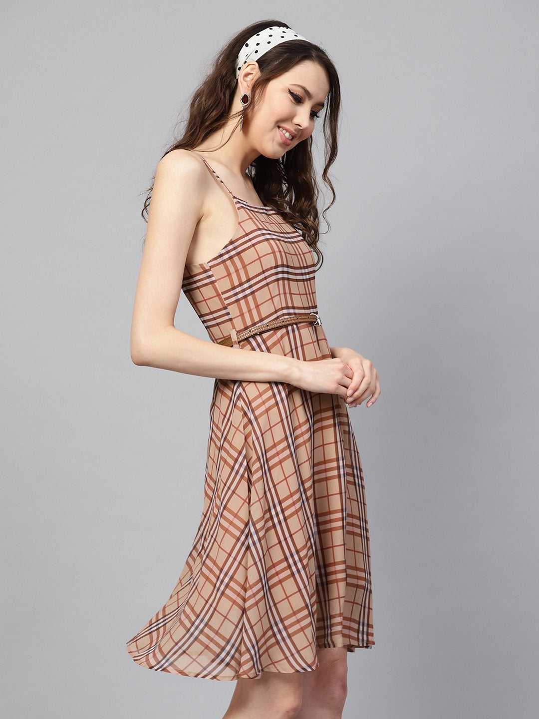 Women's Brown Check Strappy Flared Dress - SASSAFRAS