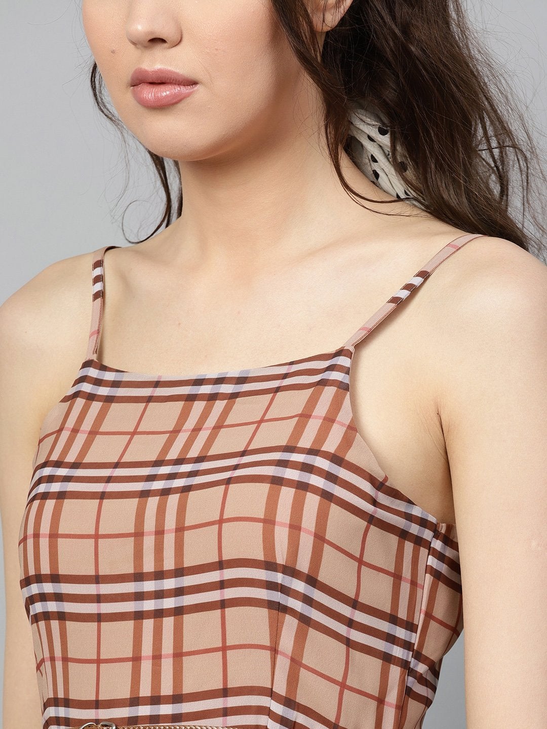 Women's Brown Check Strappy Flared Dress - SASSAFRAS