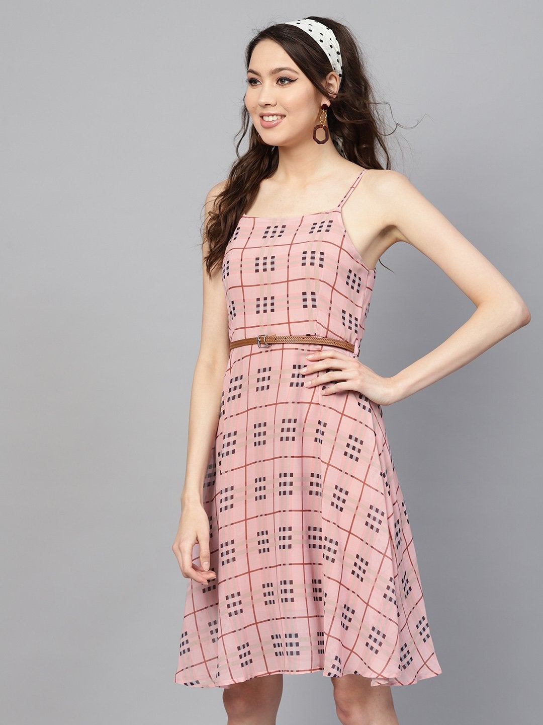 Women's Pink Check Strappy Flared Dress - SASSAFRAS