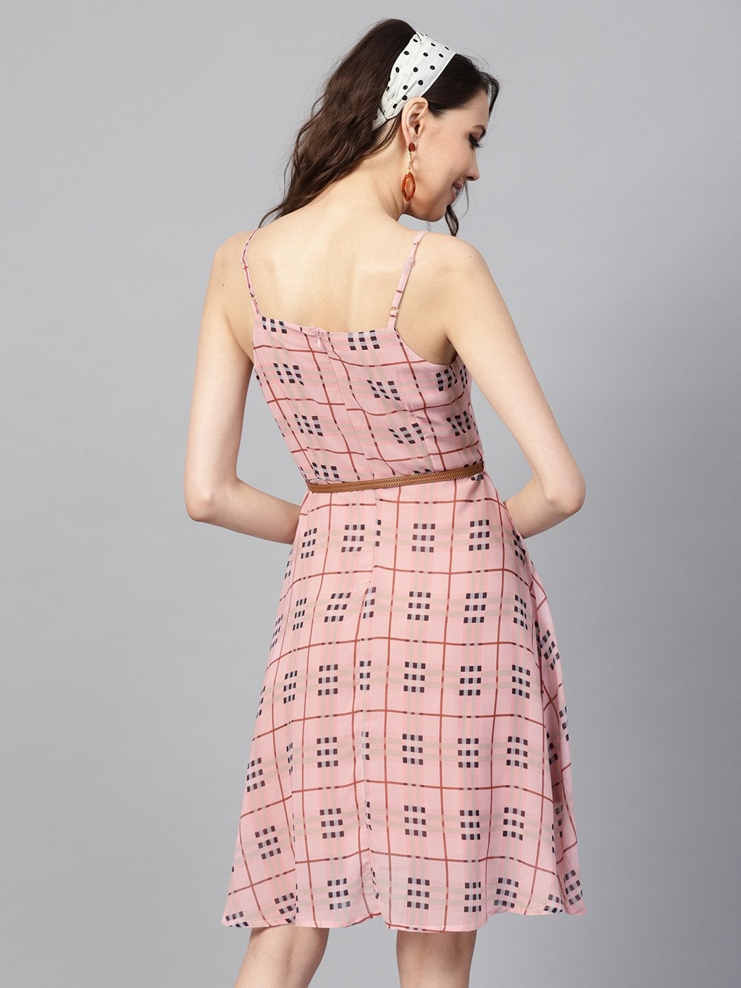 Women's Pink Check Strappy Flared Dress - SASSAFRAS