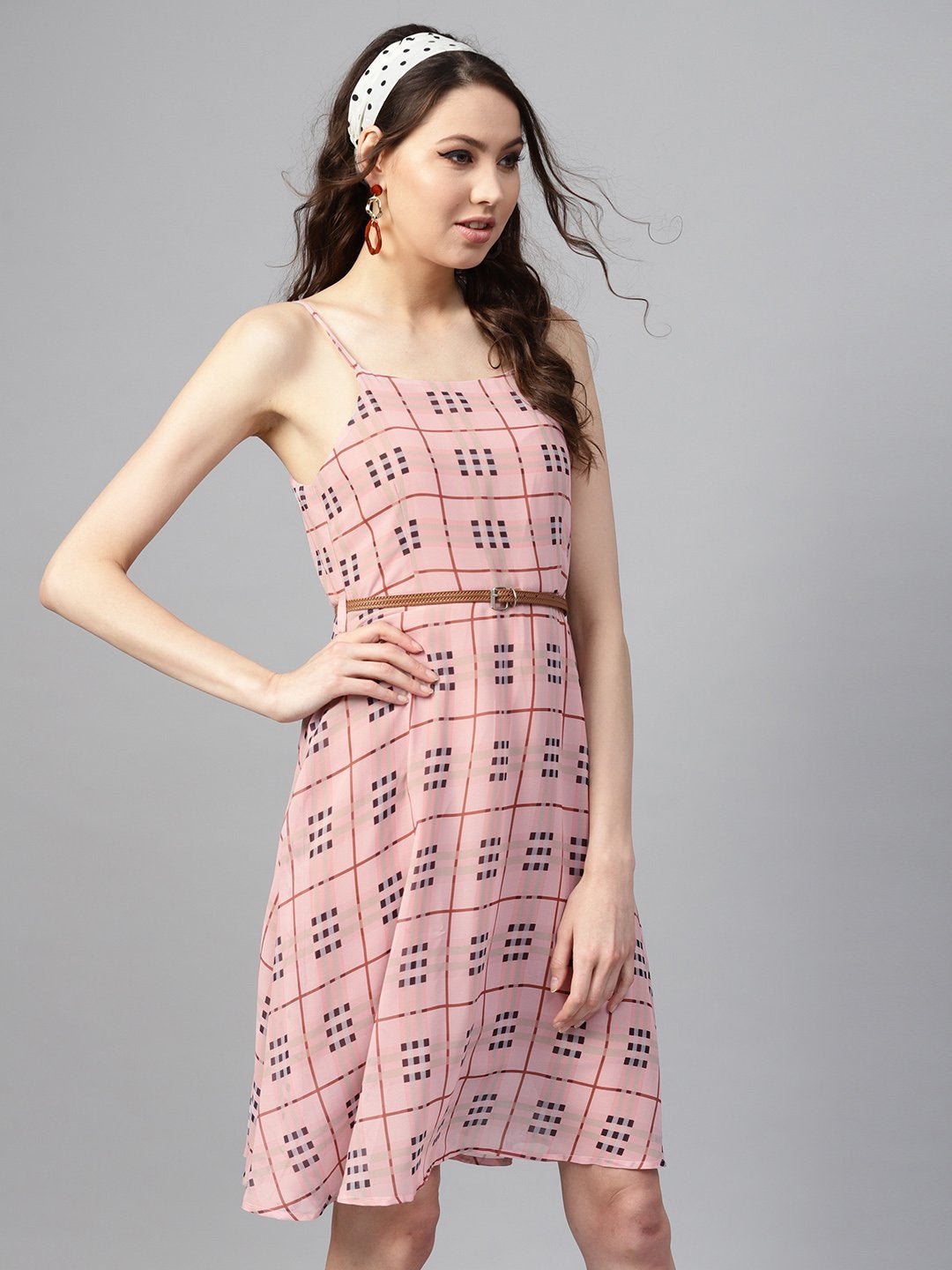 Women's Pink Check Strappy Flared Dress - SASSAFRAS