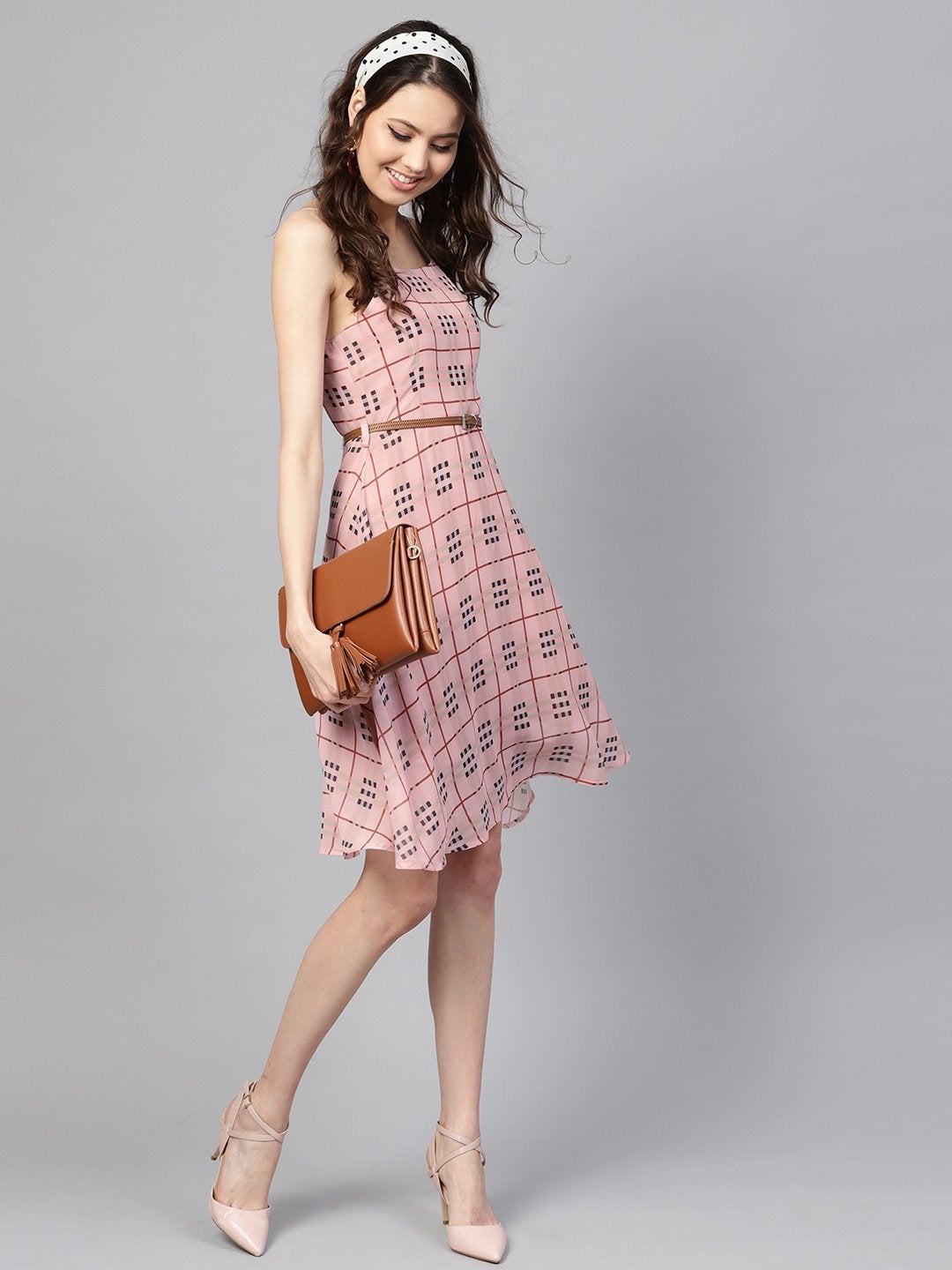 Women's Pink Check Strappy Flared Dress - SASSAFRAS