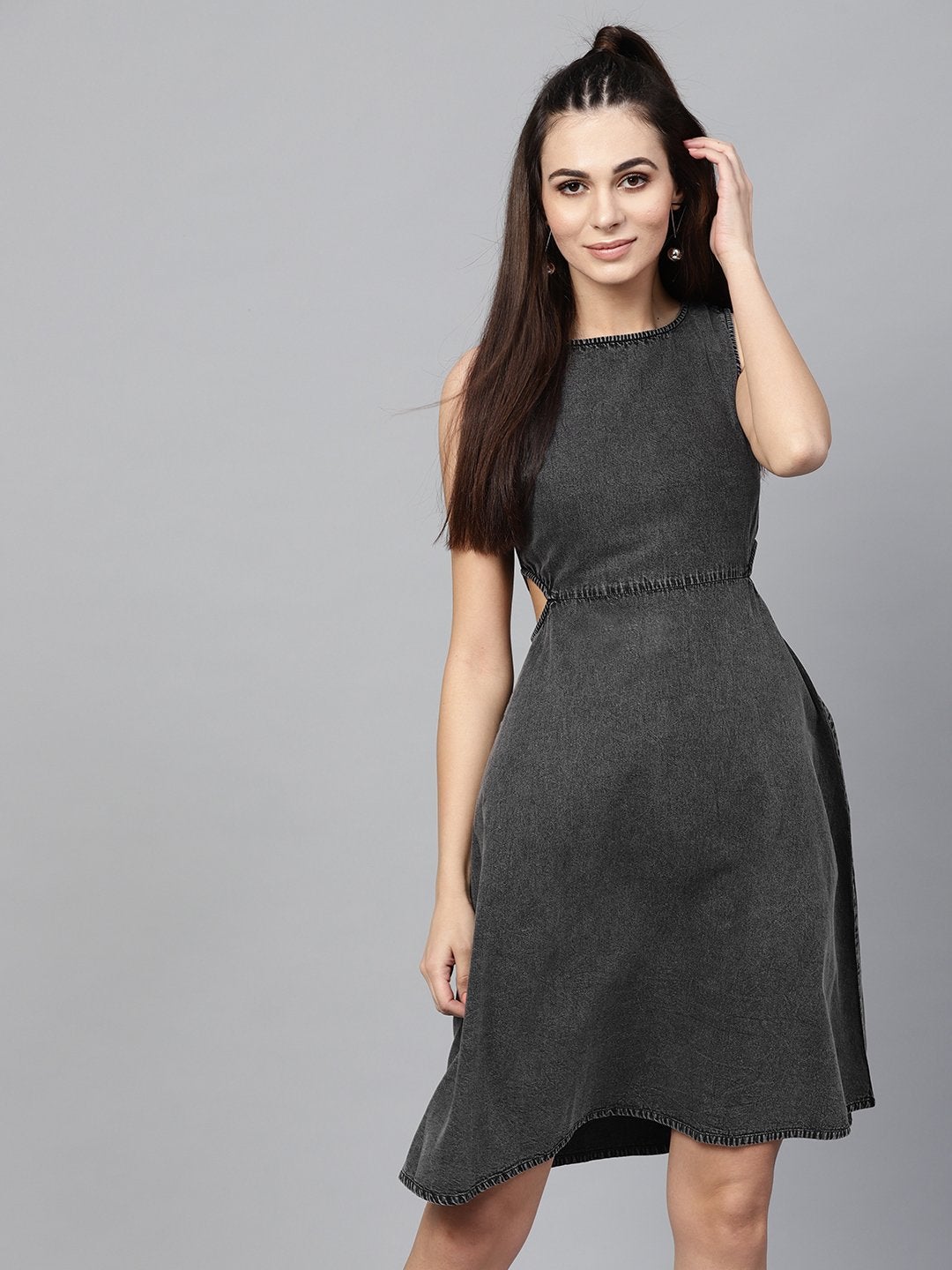 Women's Black Denim Side Cut Out Dress - SASSAFRAS