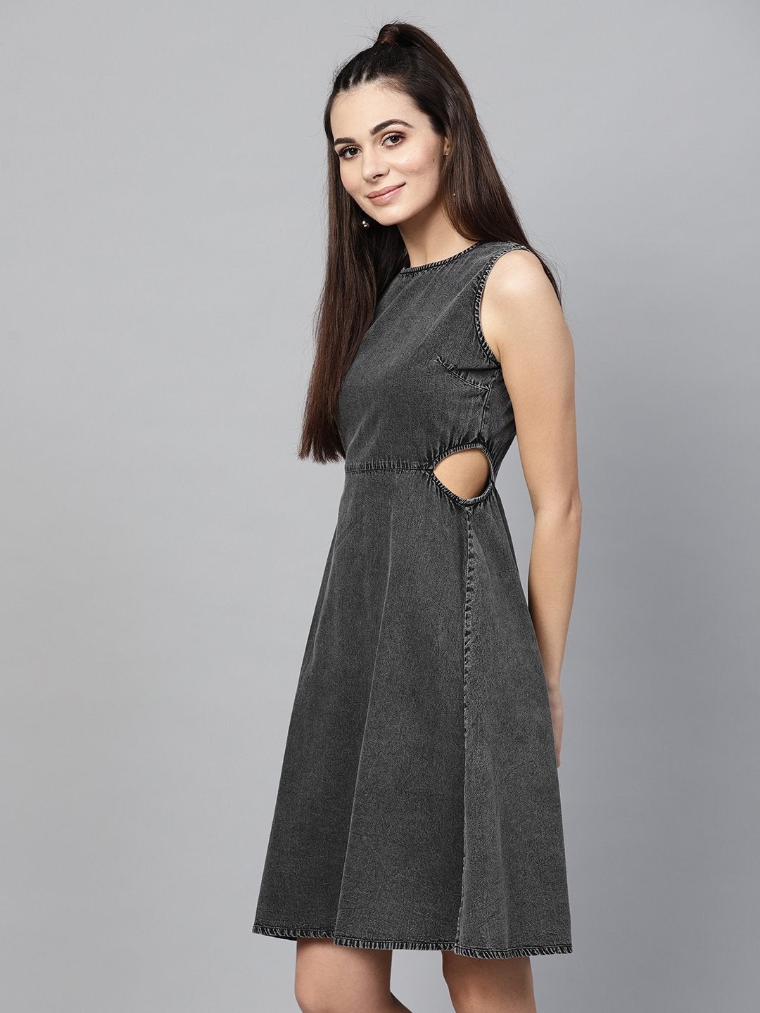 Women's Black Denim Side Cut Out Dress - SASSAFRAS