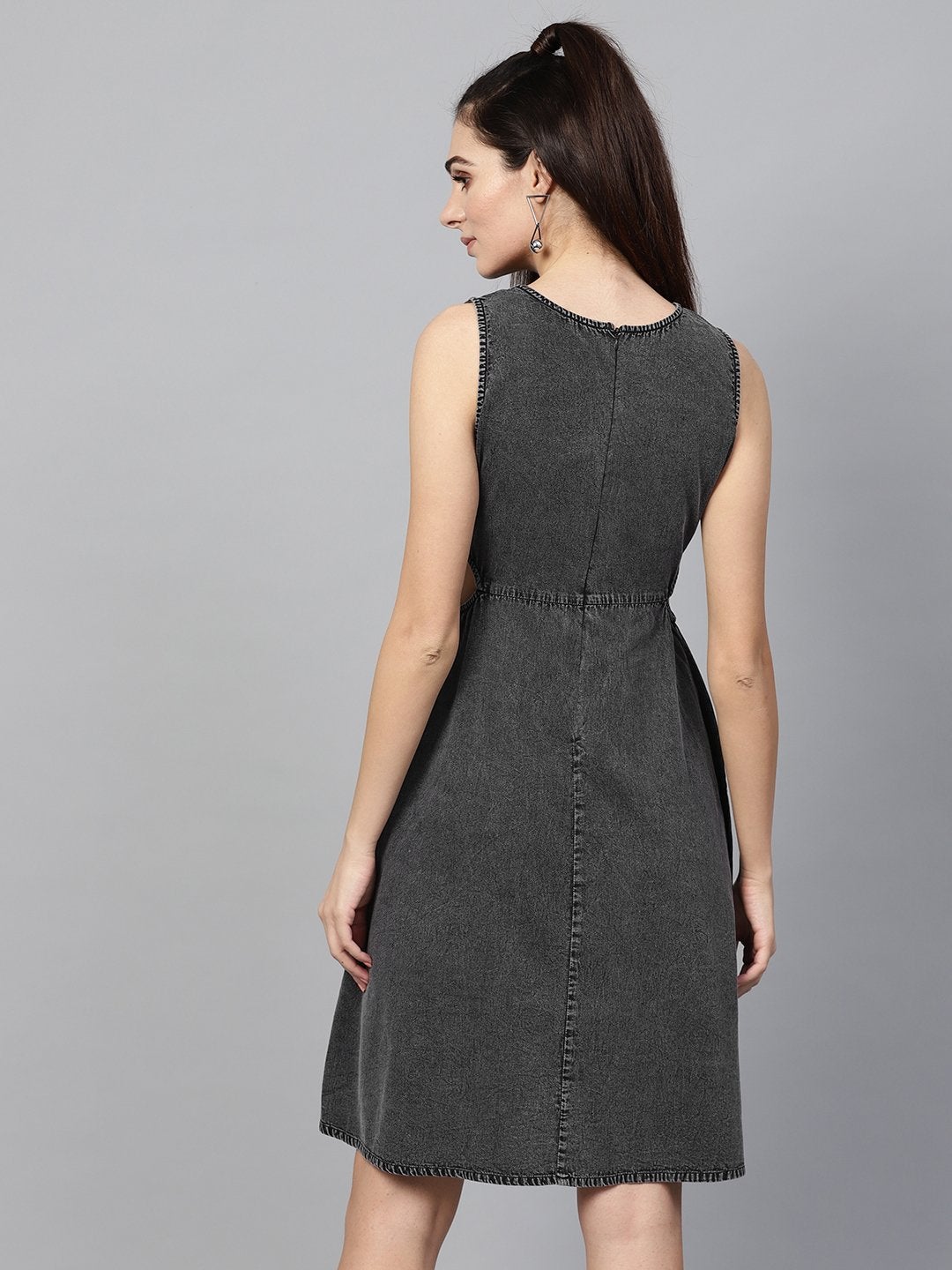 Women's Black Denim Side Cut Out Dress - SASSAFRAS