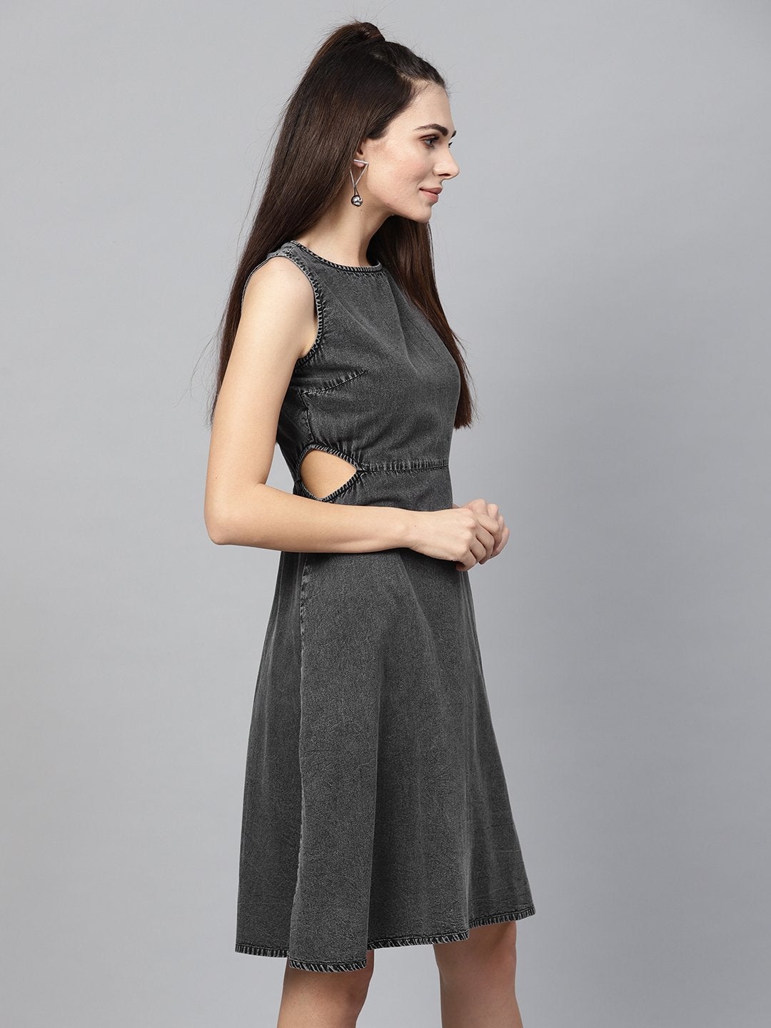 Women's Black Denim Side Cut Out Dress - SASSAFRAS