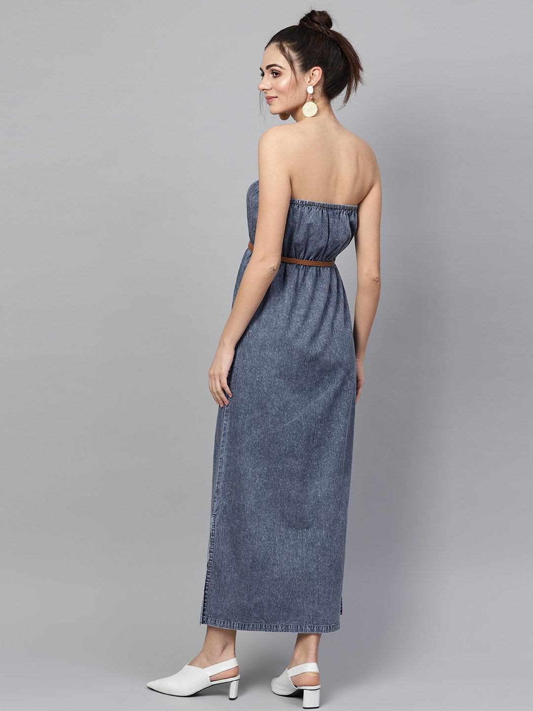 Women's Blue Acid Demin Bardot Belted Maxi - SASSAFRAS