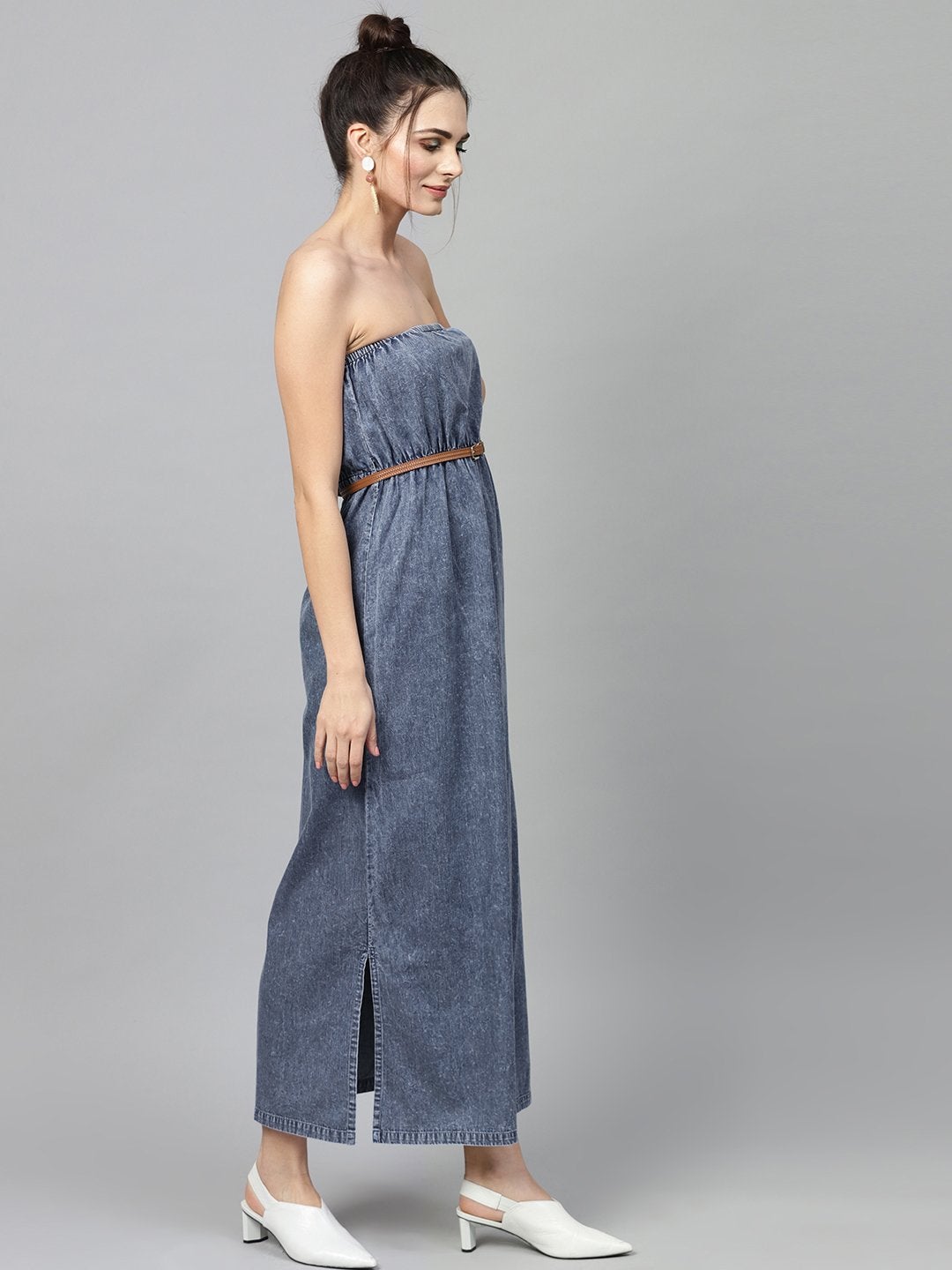 Women's Blue Acid Demin Bardot Belted Maxi - SASSAFRAS